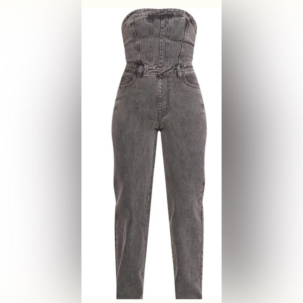 Womens washed charcoal bandeau denim jumpsuit. PrettyLittleThing. Size 4 NWT